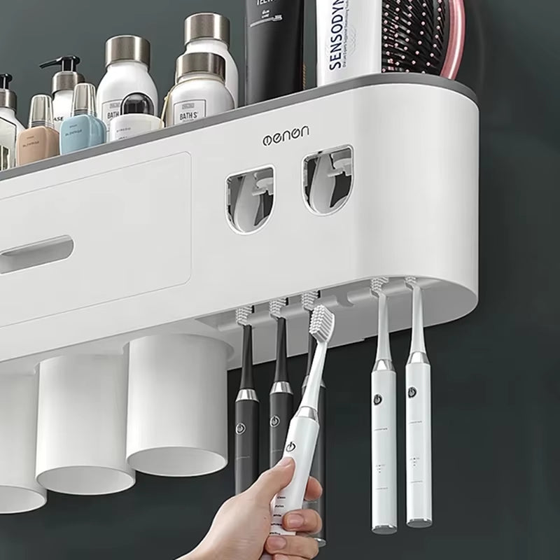 Manyetik Duvara Monte Diş Fırçalık ve Çift Diş Macunu Dispenseri